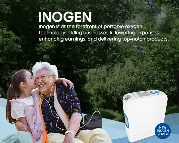 Inogen portable oxygen concentrator in use by an elderly woman and her granddaughter, showcasing the product’s portability and ease of use in an outdoor setting.
