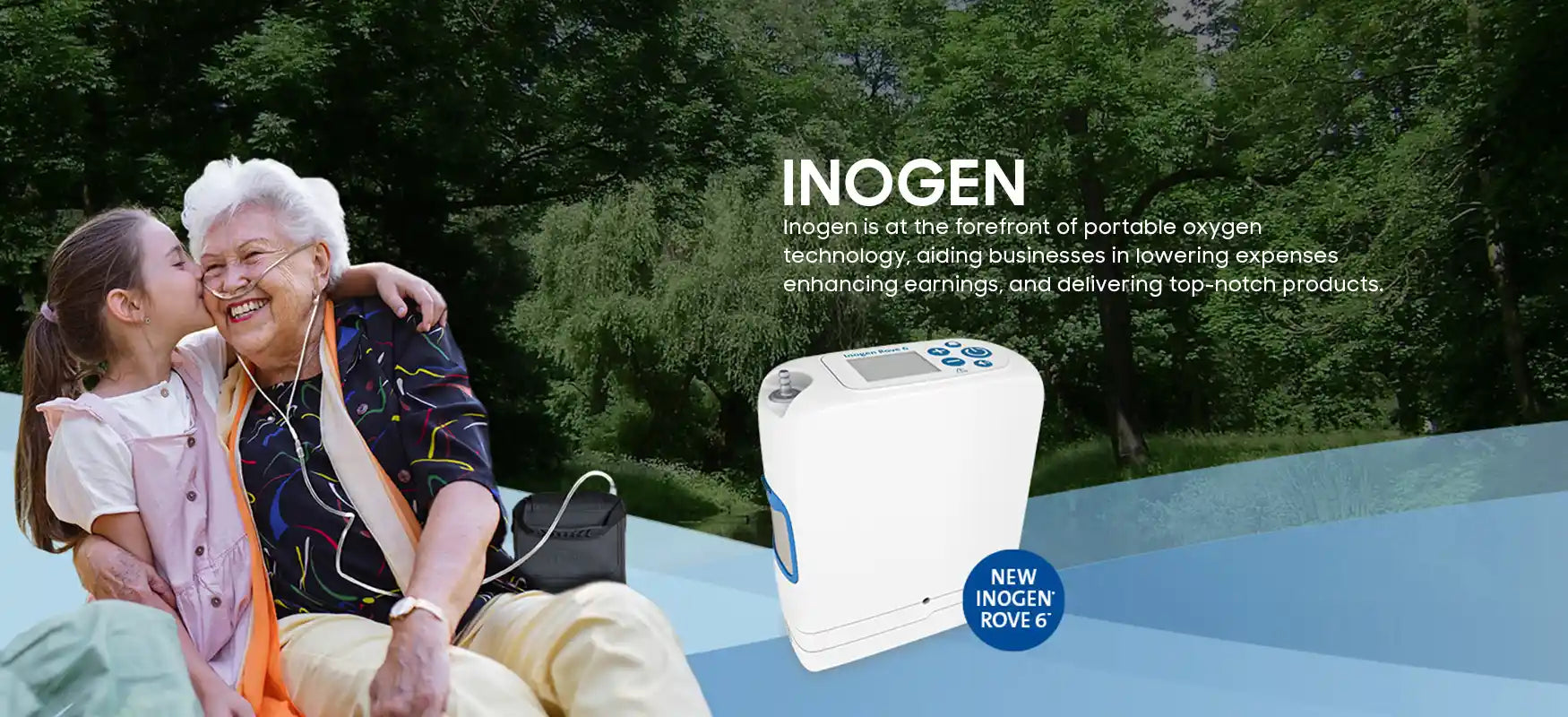 Inogen portable oxygen concentrator in use by an elderly woman and her granddaughter, showcasing the product’s portability and ease of use in an outdoor setting.